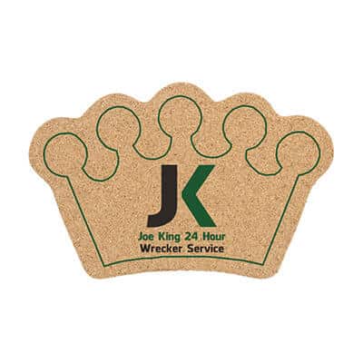 Cork large crown coaster with full color print.