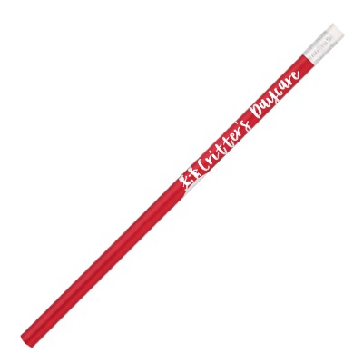 Red pencil with white eraser and custom imprint.