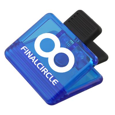 Plastic translucent blue billboard magnetic memo chip clip with imprint.