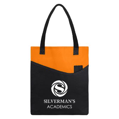 Polypropylene orange convention tote with imprinting.