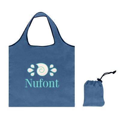 Steel blue RPET tote foldable tote bag with custom full-color logo.