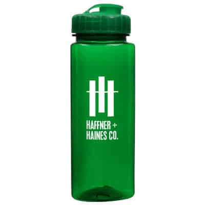Plastic green water bottle with custom design and flip top lid in 24 ounces.