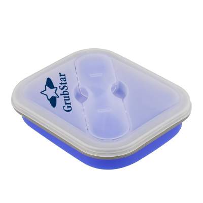 Collapsible blue silicone lunch box with imprinted logo.
