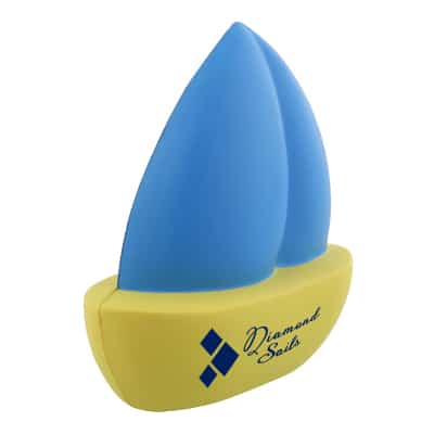 Foam sailboat stress reliever with a personalized logo.