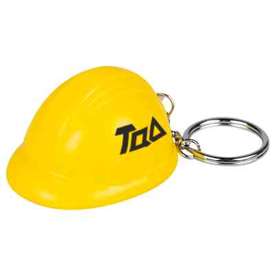 Yellow hard hat stress ball keychain with a customized imprint.