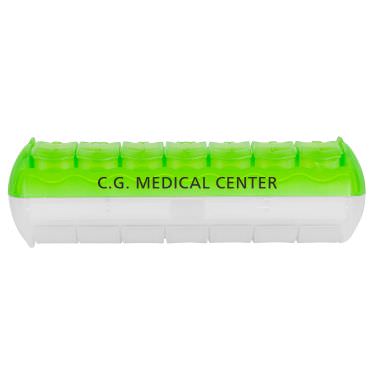 Plastic lime green pill box with a custom logo.