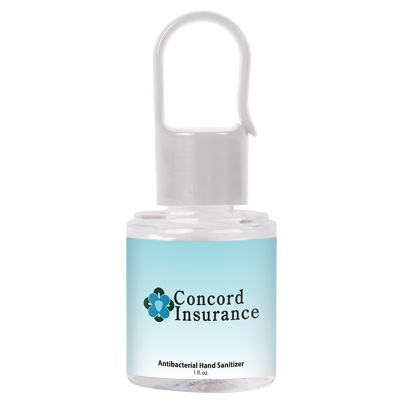 White 1 ounce hand sanitizer with carabiner clip customized with your logo.