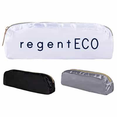 Polyester and satin white cosmetic pouch with logoed imprint.