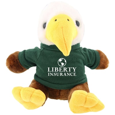 Plush and cotton eagle with forest green shirt with branded imprint.