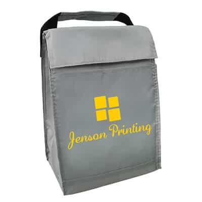 Polyester gray fold-over budget lunch bag with personalized logo.