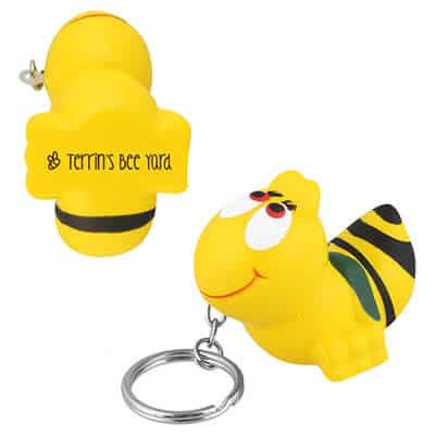 Foam bumble bee stress ball key ring with logoed promo.