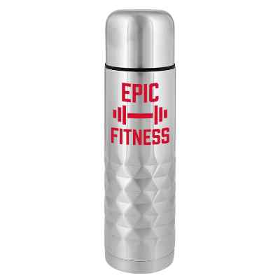 Stainless silver thermos with custom logo.