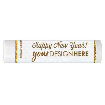 Background New Year lip balm with a personalized logo.
