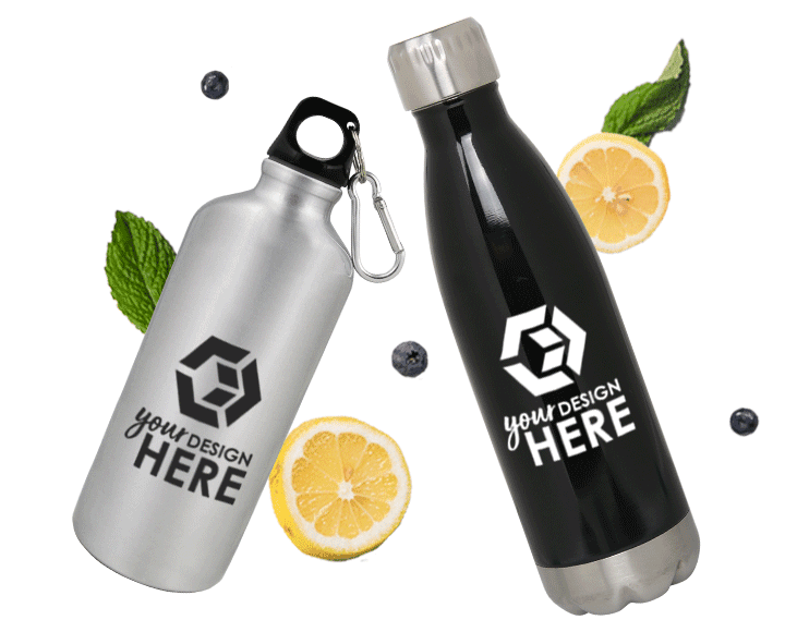 Custom aluminum water bottles with black imprint and black custom stainless steel water bottles with white imprint