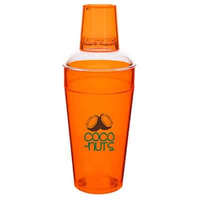 Acrylic orange cocktail shaker with custom full-color logo in 20 ounces.