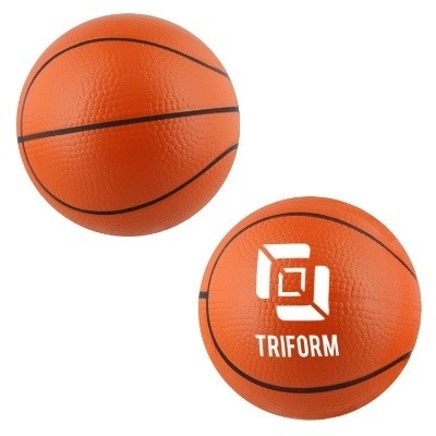 Orange foam stress ball with a custom logo.