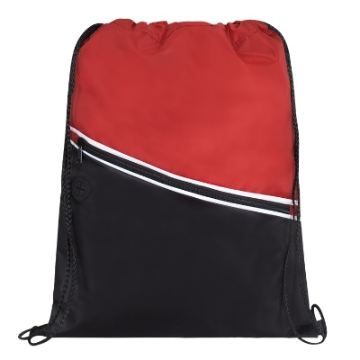 Blank polyester orange and black drawstring bag with front zippered pockets.