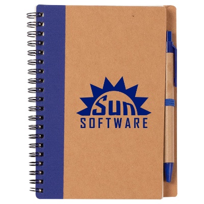 Customized blue recycled notebook with pen.