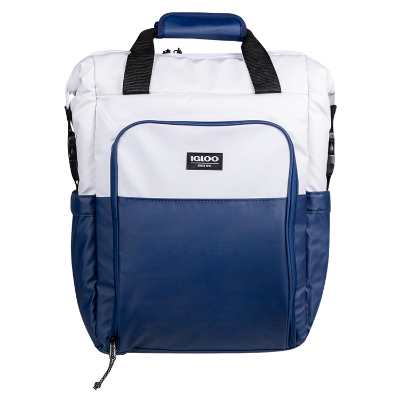 Blank white and blue backpack cooler.
