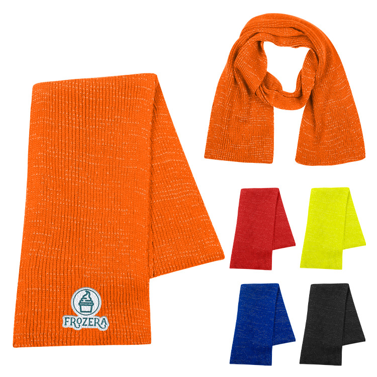Reflective orange colored folded scarf with custom logo.