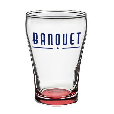 Red beer glass with custom logo.