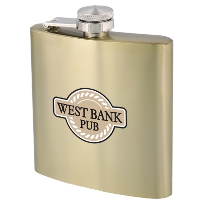 Gold flask with full color custom imprint in 6 ounces.