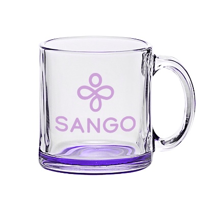 Purple coffee mug with custom logo.