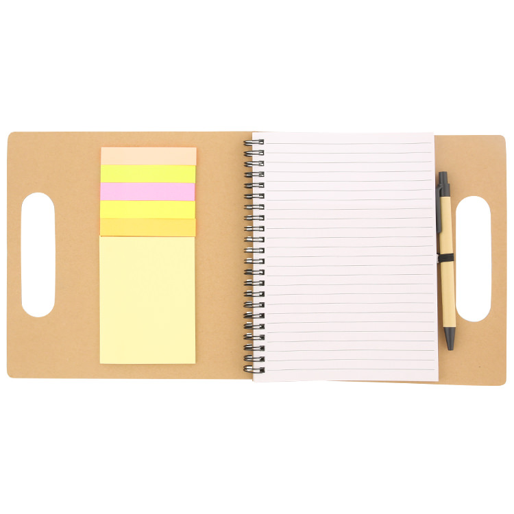 Blank handled cardboard notebook with sticky notes.