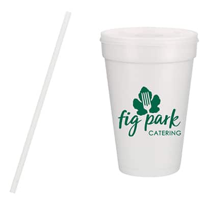 Styrofoam white foam cup with lid and straw and custom imprint in 16 ounces.