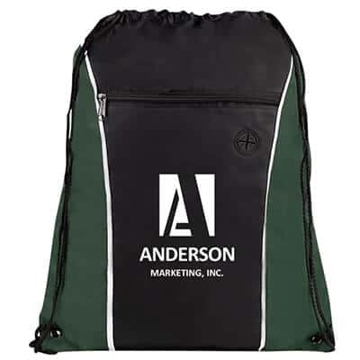 Polyester hunter green funnel drawstring bag with personalized logo.