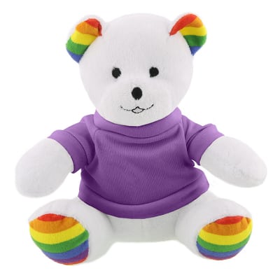 Plush and cotton rainbow bear with purple shirt blank.