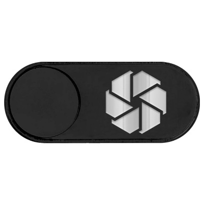 Aluminum black webcam cover with a custom logo.