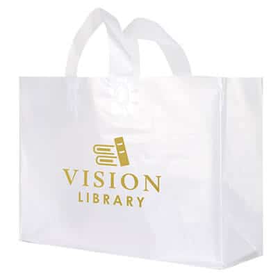 Plastic frosted clear extra large foil stamped recyclable shopper bag with custom logo.