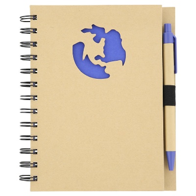 Recycled material notebook with earth shape cut out design and pen.