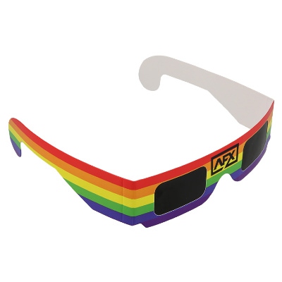 Rainbow paper solar eclipse glasses with promotional logo on bridge of glasses.
