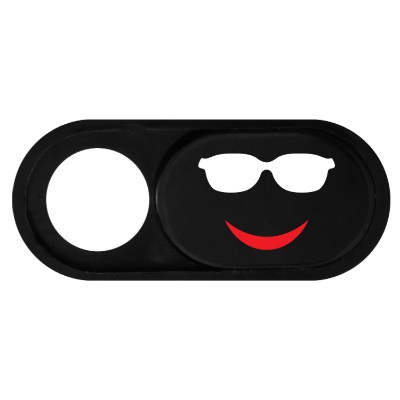 Plastic black webcam cover with a custom logo.