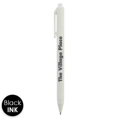 White soft touch pen with personalized logo.