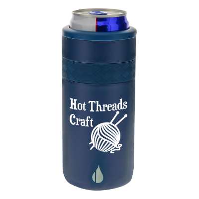 Stainless navy slim can cooler with custom imprint.
