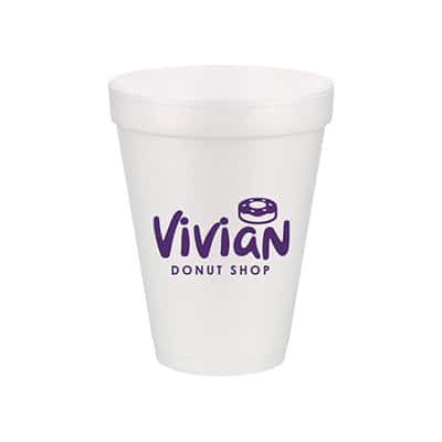 Styrofoam white foam cup with custom imprint in 12 ounces.