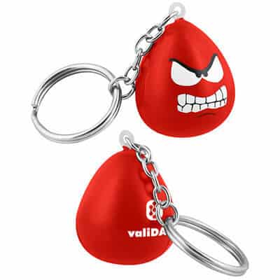 Foam angry maniac stress ball key ring with imprinted logo.