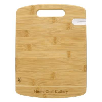 White engraved bamboo sharpen-it cutting board with personalized logo.
