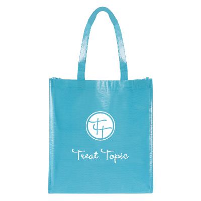 Non-woven polypropylene shiny blue island tote with imprinting.