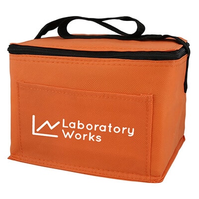 Polypropylene orange 6 pack cooler bag with branded logo.