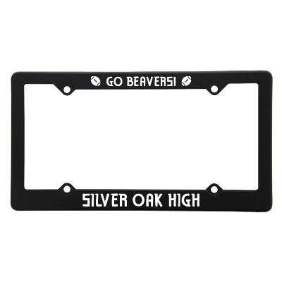 Red polystyrene license frame with promotional logo.