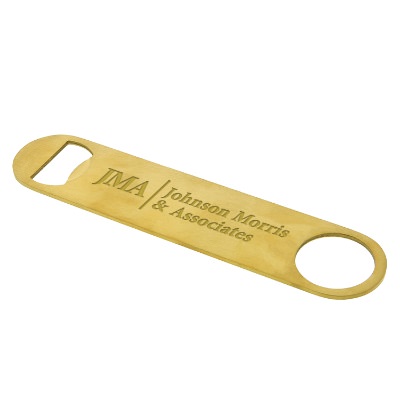 Brushed gold stainless steel paddle style bottle opener with custom laser engraved imprint.