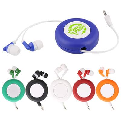 Plastic blue wind-up earbuds with personalized logo.