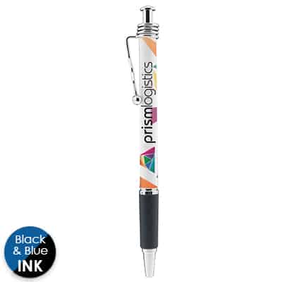 Full-color plastic pen with custom logo.