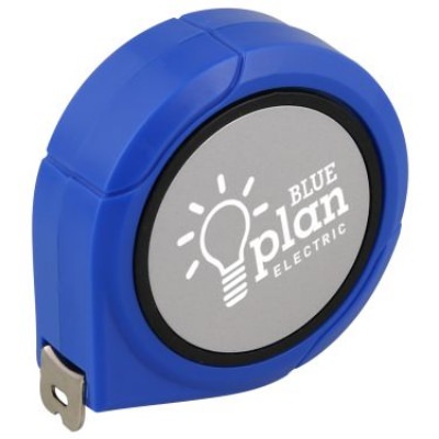 Metal and plastic blue spinning tape measure with imprinting.