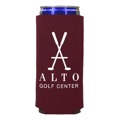 Foam maroon energy drink can cooler with custom printing.