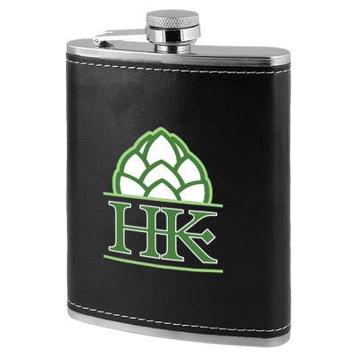 Black flask with custom imprint in 8 ounces.